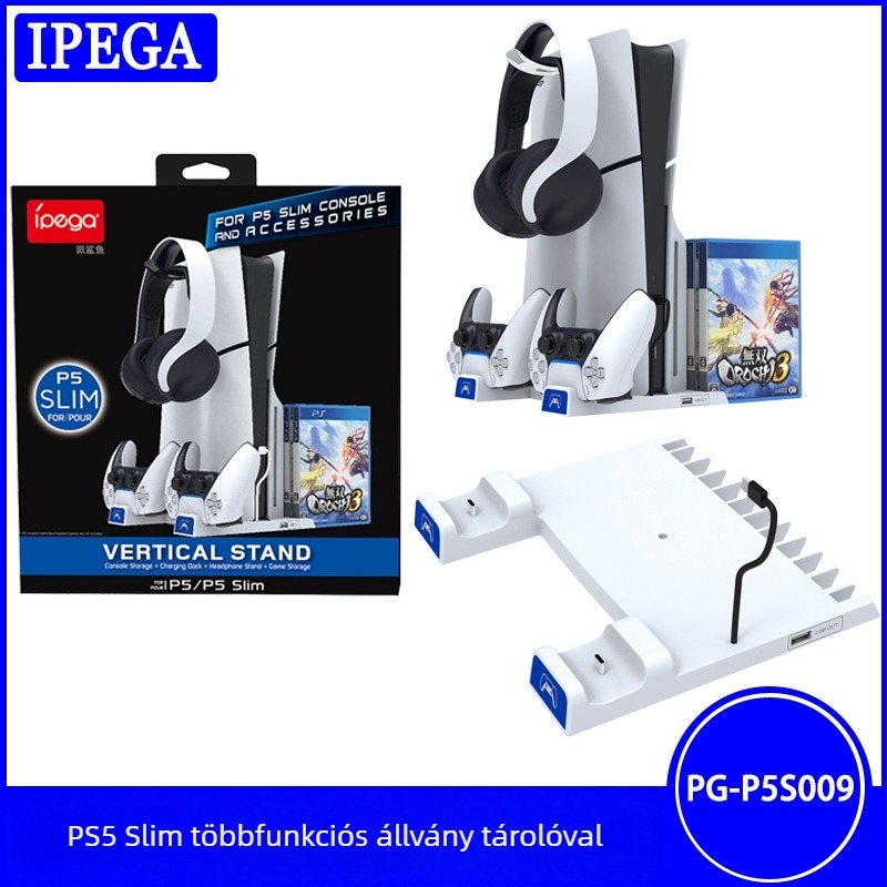 IPEGA P5 Slim Kétoldalas töltőállvány PS5/PS5 Slimhez fejhallgató-tárolóval és lemez-tartóval (ABS)