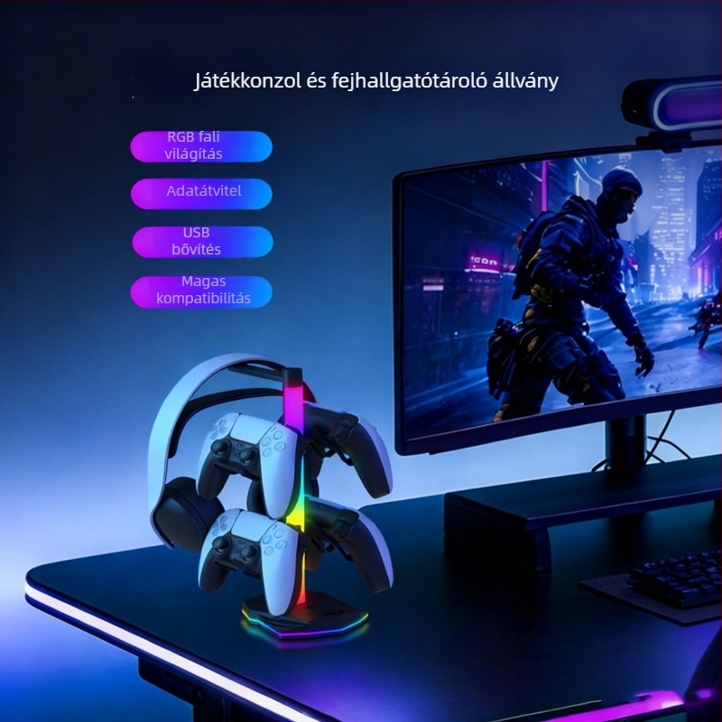 Többfunkciós állvány játékvezérlőhöz és fejhallgatóhoz RGB világítással és USB-bővítéssel — Kompatibilis PS5, PS4, PS3 és Switch