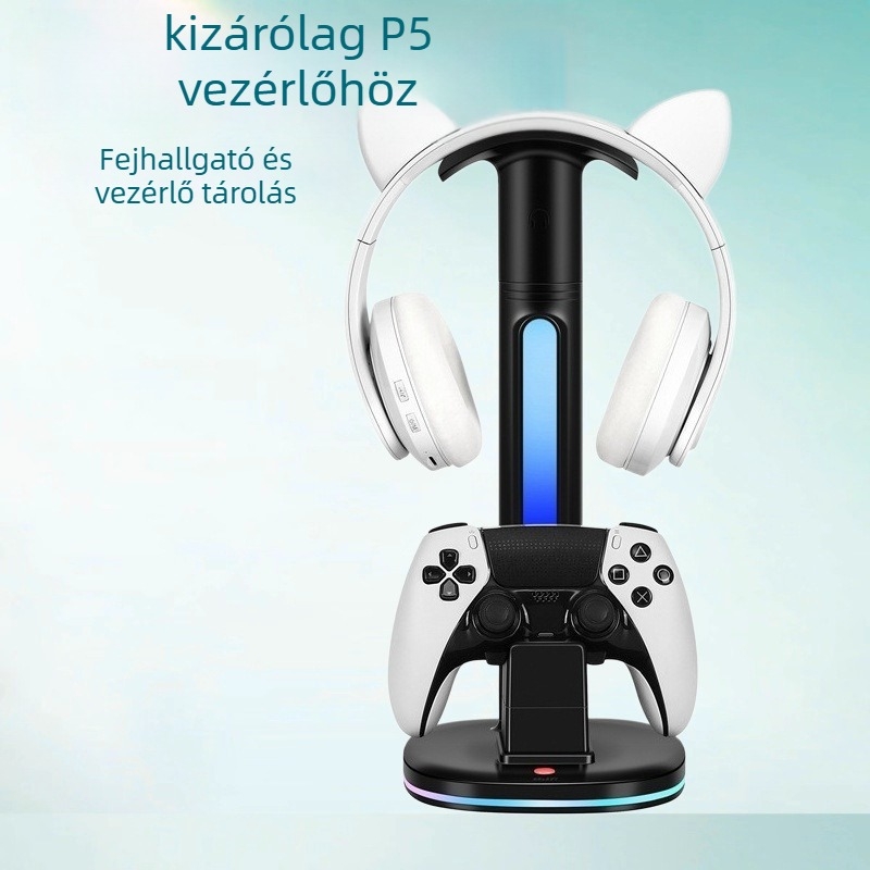 PS5 kontrollertöltő dokk fejhallgató-tárolóval, LED világítással, ABS anyagból, modell Sy-p5-2029