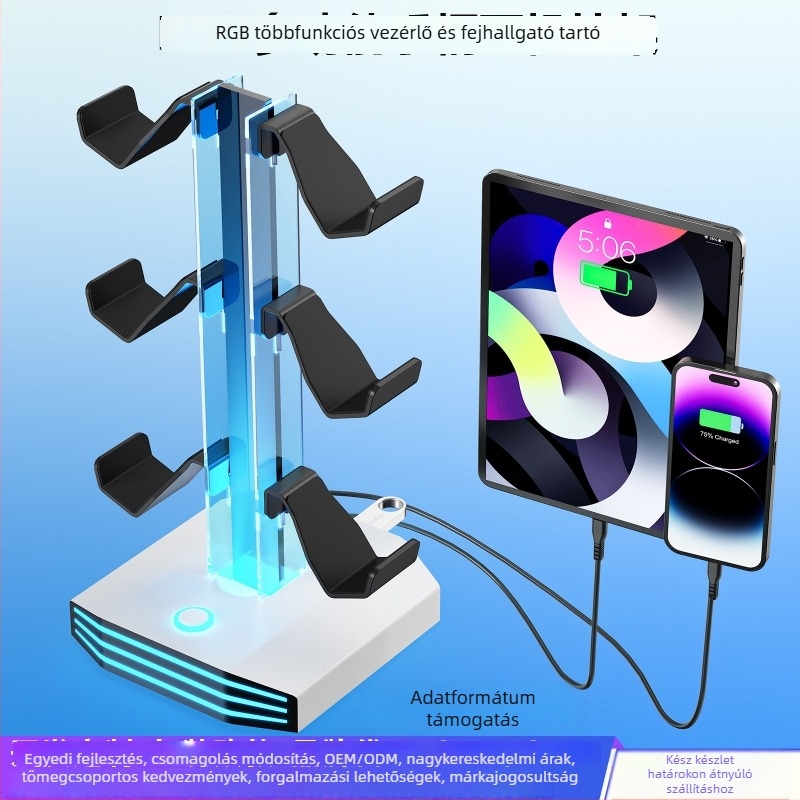Fejhallgató tartó RGB világítással, USB adatátvitel, tartó és töltési funkció — anyagok: akril és ABS