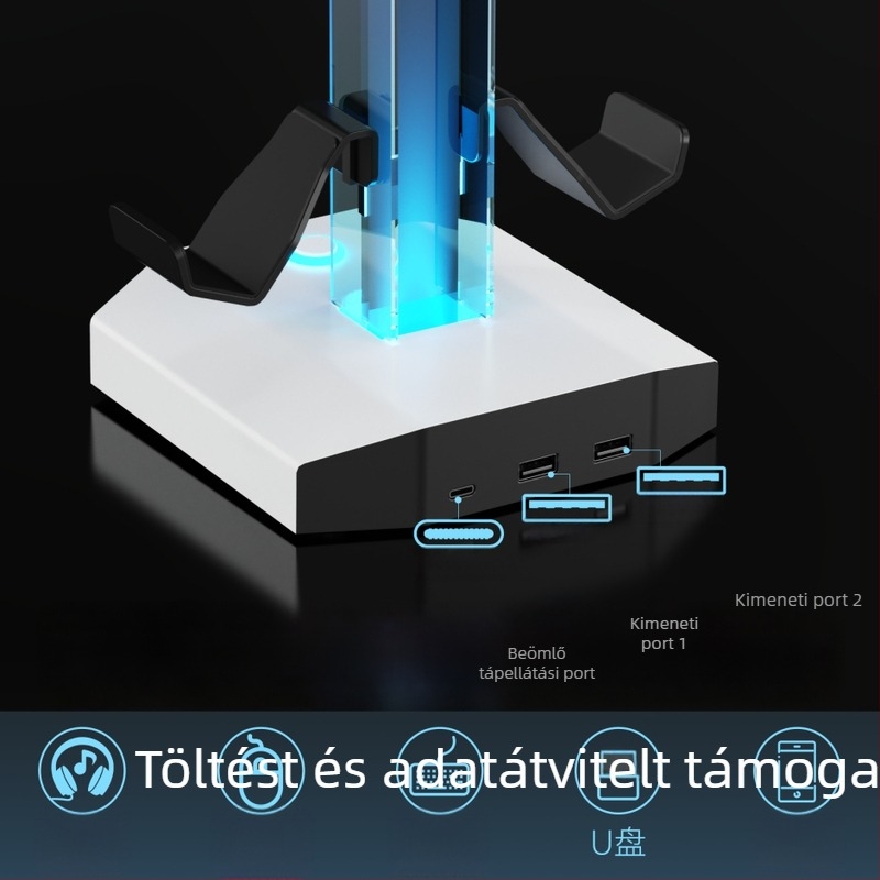 Fejhallgató tartó RGB világítással, USB adatátvitel, tartó és töltési funkció — anyagok: akril és ABS