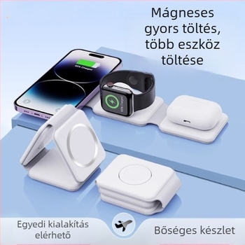 3-in-1 MagSafe vezeték nélküli töltő, összecsukható kialakítással, telefon, fülhallgató és óra számára, QC3.0 gyors töltés, max 22,5 W