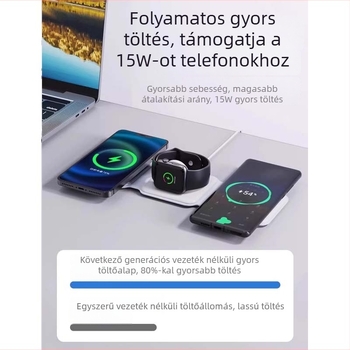 3-in-1 MagSafe vezeték nélküli töltő, összecsukható kialakítással, telefon, fülhallgató és óra számára, QC3.0 gyors töltés, max 22,5 W