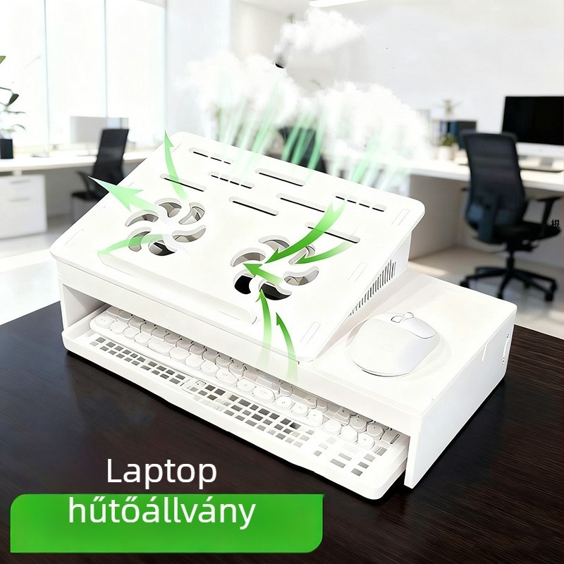 Ins-stílusú kétszintes asztali laptopállvány, HIPS anyag, hűtés és tárolás