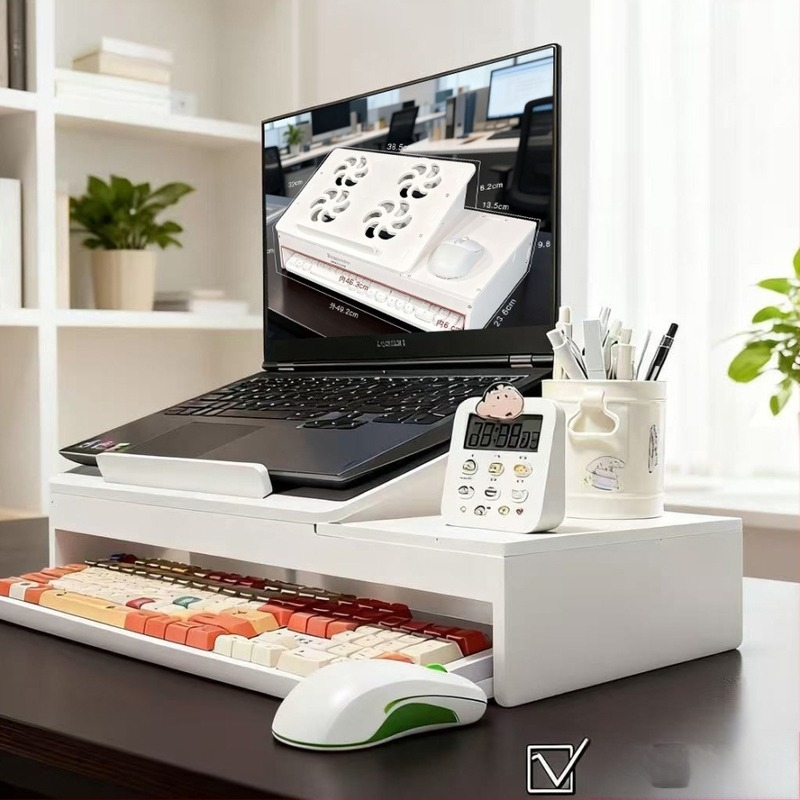 Ins-stílusú kétszintes asztali laptopállvány, HIPS anyag, hűtés és tárolás