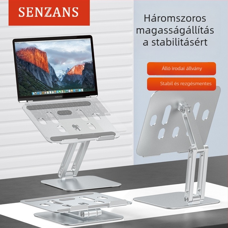 Laptop állvány – Összecsukható keret alumíniumötvözetből és szénacélból, szilikon gél párnázattal, állítható magasság, Modell: Computer Bracket, Súly: 1,36 kg