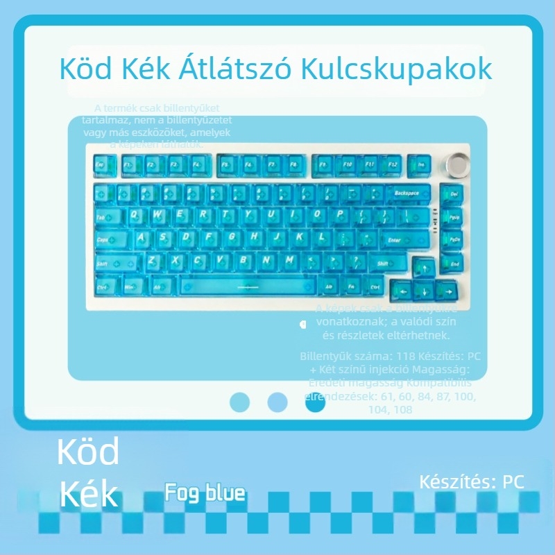 Testreszabható billentyűsapkák mechanikus billentyűzethez, négyszögletesen átlátszó, matt felület; két színű injekciós PC-ABS, 3D nyomtatás, kompatibilis a 68/75/87/98/108 típusú billentyűzetekkel