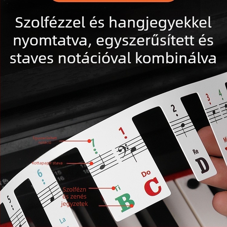 Maner zongora billentyűzet matrica, 88 billentyű, ragasztás nélkül, jelölők öt vonalas kottahoz
