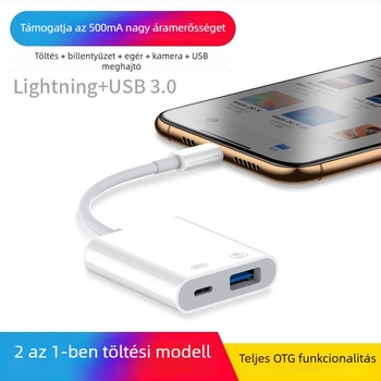 2 az 1-ben Lightning OTG töltőadapter USB-meghajtóval és billentyűzettel Apple készülékekhez