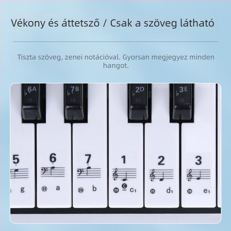 Zongorához hangoló matrica, univerzális 88/61/54 billentyűs elektronikus billentyűzetekhez, átlátszó skála és pentagramos jegyzetek