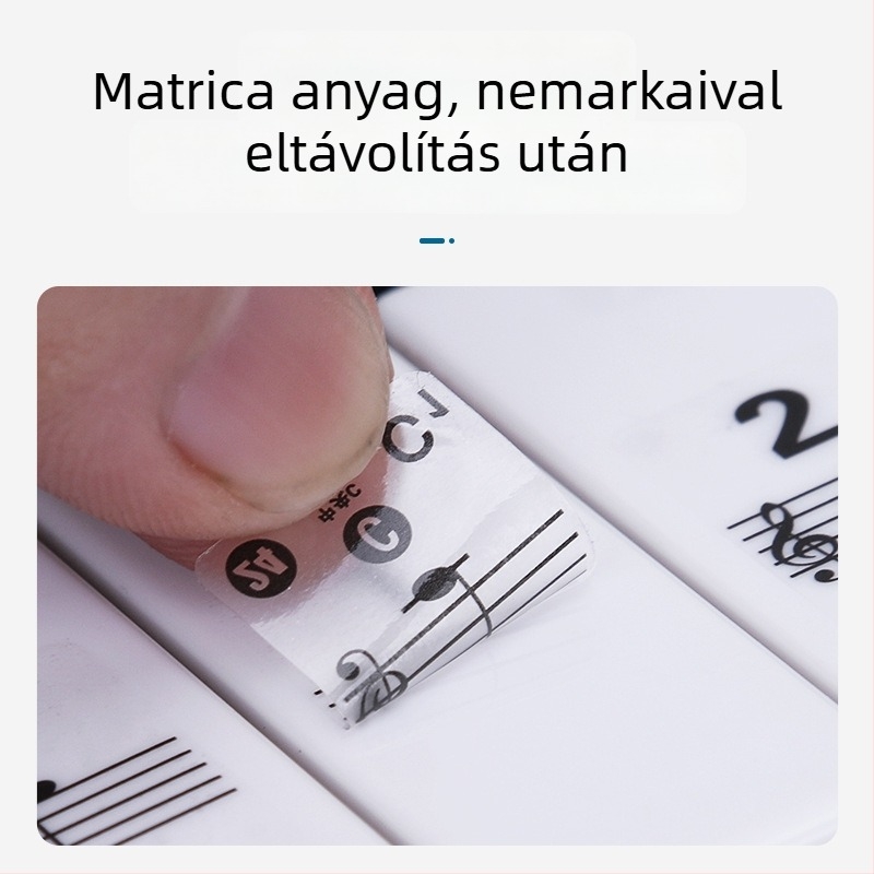 Zongorához hangoló matrica, univerzális 88/61/54 billentyűs elektronikus billentyűzetekhez, átlátszó skála és pentagramos jegyzetek