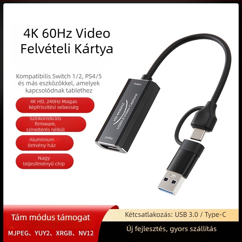 Videó felvevő kártya 4K60Hz, HDMI→Type-C, kettős bemenet, MS2130S chip, rézmag