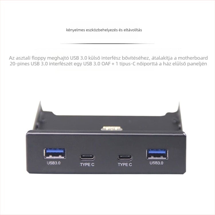 USB hub előlap panel: 19-pin/20-pin Type-C-hez + USB 3.0 adapterkártya bővítés, Skyworth 3510 chip, 5 Gbps, méretek 13.5×10×2.5 cm