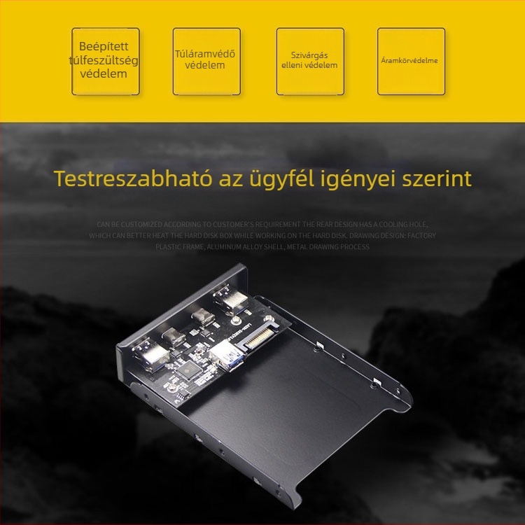 USB hub előlap panel: 19-pin/20-pin Type-C-hez + USB 3.0 adapterkártya bővítés, Skyworth 3510 chip, 5 Gbps, méretek 13.5×10×2.5 cm
