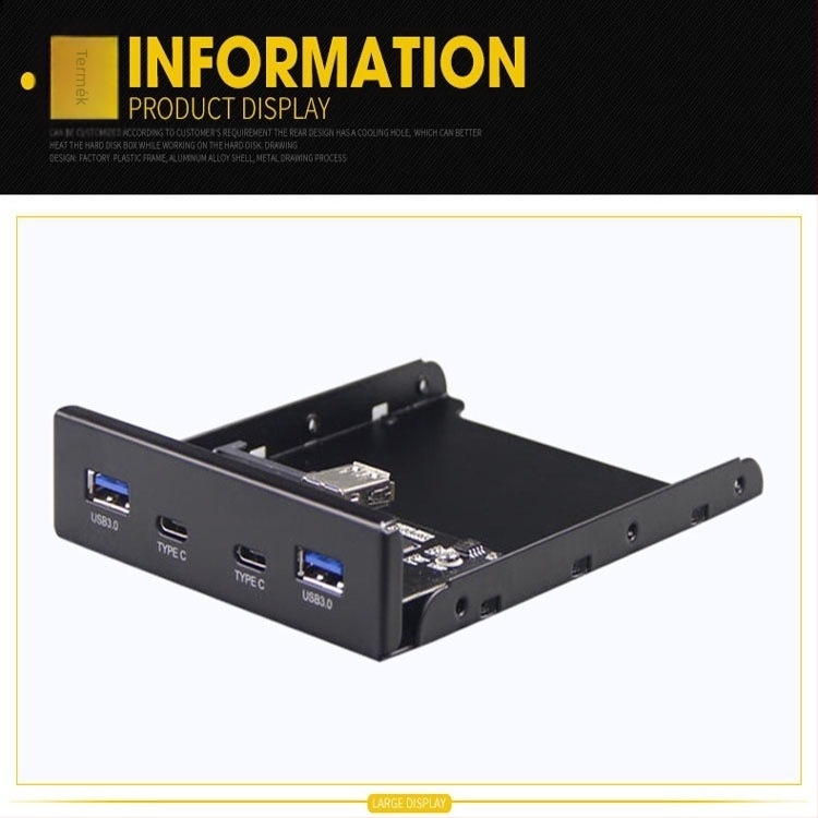 USB hub előlap panel: 19-pin/20-pin Type-C-hez + USB 3.0 adapterkártya bővítés, Skyworth 3510 chip, 5 Gbps, méretek 13.5×10×2.5 cm