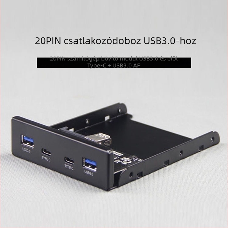 USB hub előlap panel: 19-pin/20-pin Type-C-hez + USB 3.0 adapterkártya bővítés, Skyworth 3510 chip, 5 Gbps, méretek 13.5×10×2.5 cm