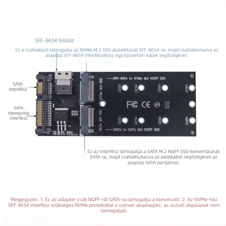 Adapterkártya SATA M.2 NGFF SSD SATA interfészhez és NVMe M.2 SSD SFF-8654-hez