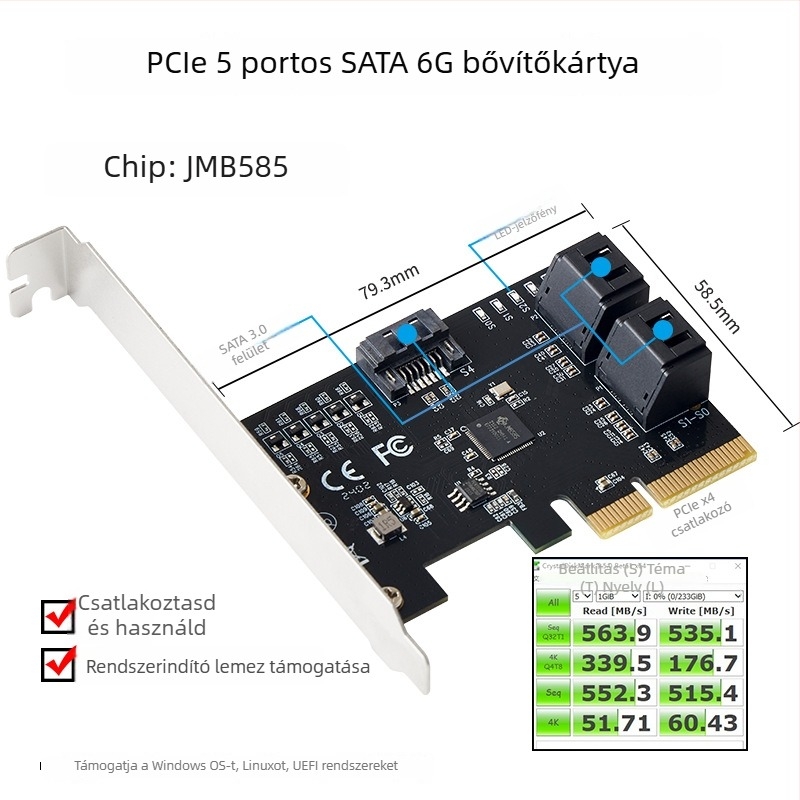 PCIe-hoz 5-portos SATA 6Gb/s bővítő kártya JMB585 vezérlővel, PCIe 3.0, illesztőprogram nélkül