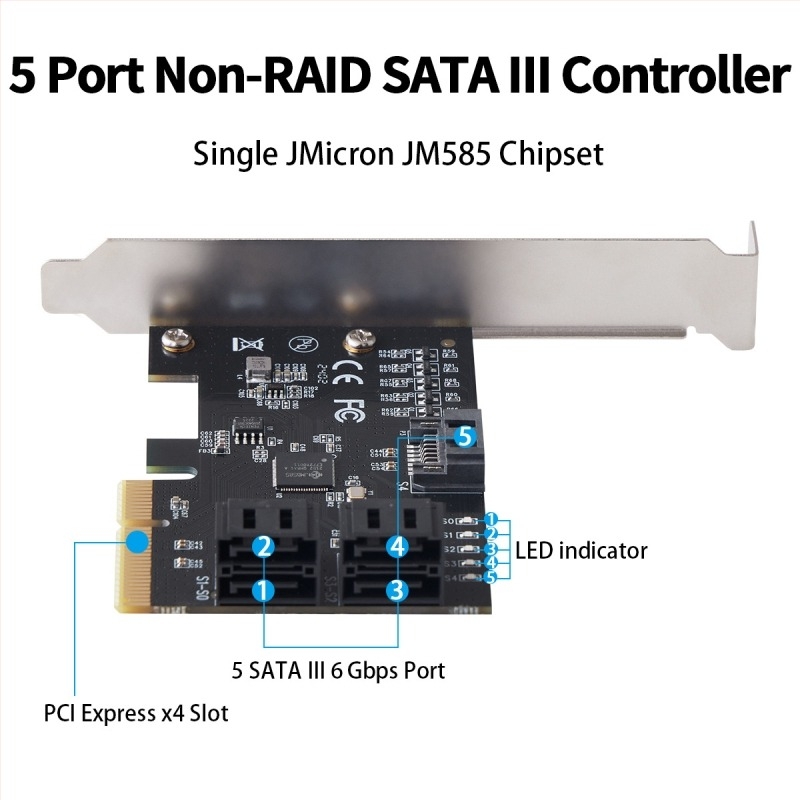 PCIe-hoz 5-portos SATA 6Gb/s bővítő kártya JMB585 vezérlővel, PCIe 3.0, illesztőprogram nélkül
