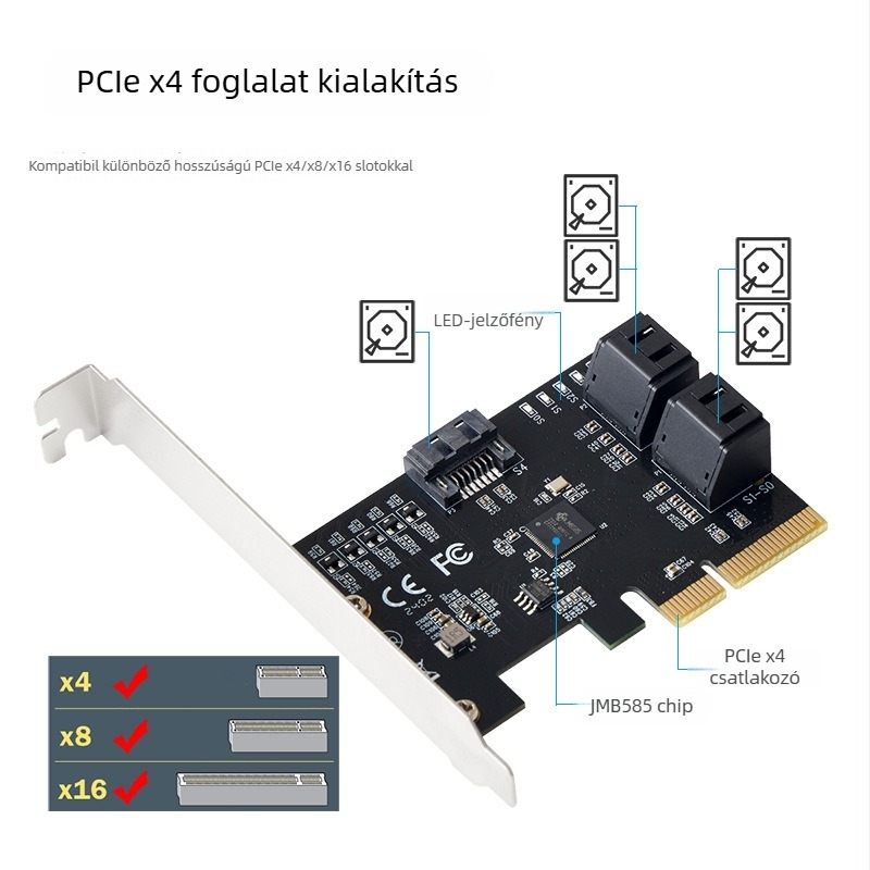 PCIe-hoz 5-portos SATA 6Gb/s bővítő kártya JMB585 vezérlővel, PCIe 3.0, illesztőprogram nélkül