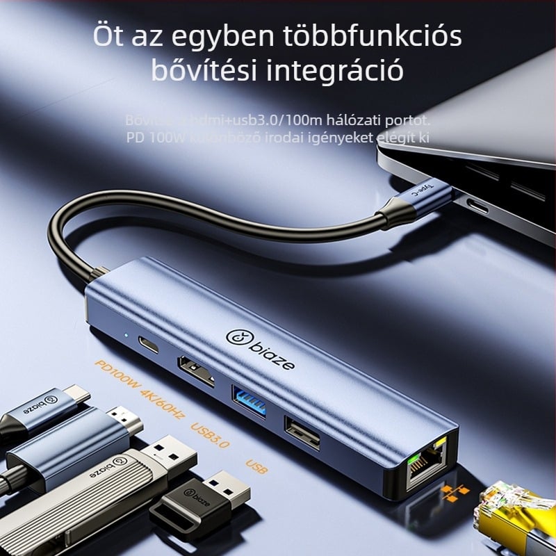 USB-C–ről HDMI‑re dokkoló állomás 4K60Hz támogatással, rézmaggal, akár 5 porttal