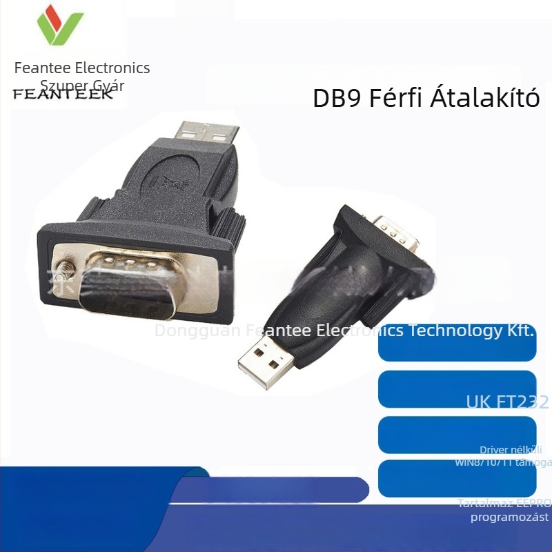 USB-RS232 adapter DB9 férfi csatlakozóval, FT232RL chip, USB interfész