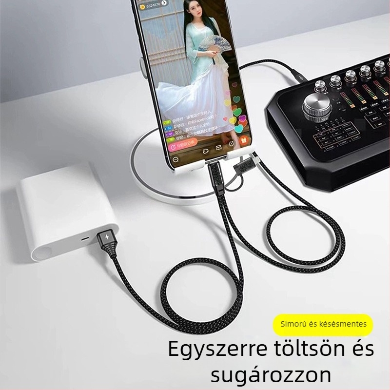 OTG élő közvetítéshez hangkártya adapter kábel, kétoldalas, Lightning/Type-C/USB-A csatlakozók, hossz 1,5 m + 1 m, OTG chip