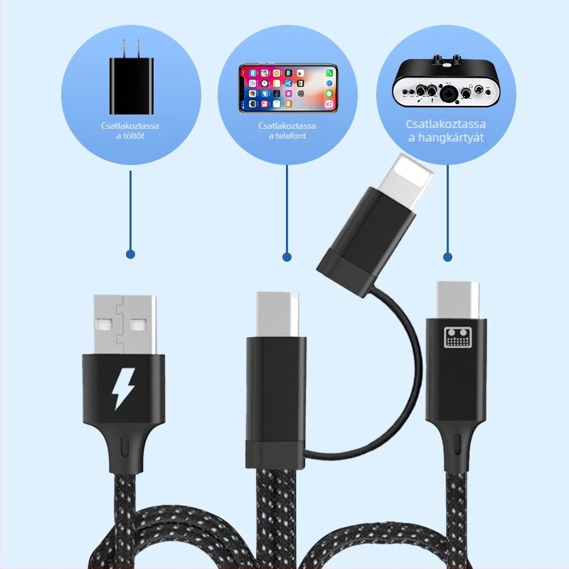OTG élő közvetítéshez hangkártya adapter kábel, kétoldalas, Lightning/Type-C/USB-A csatlakozók, hossz 1,5 m + 1 m, OTG chip