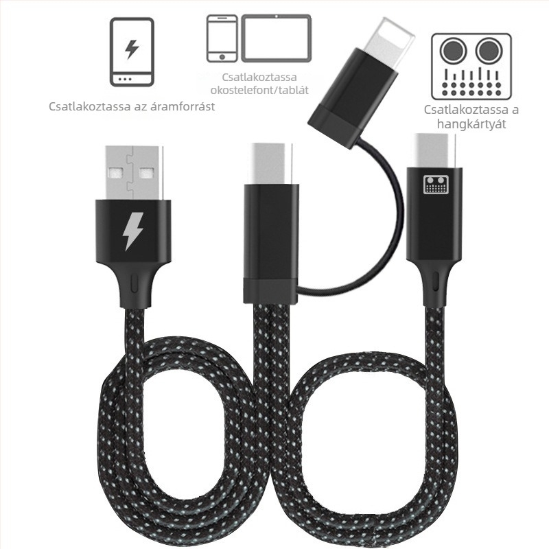 OTG élő közvetítéshez hangkártya adapter kábel, kétoldalas, Lightning/Type-C/USB-A csatlakozók, hossz 1,5 m + 1 m, OTG chip