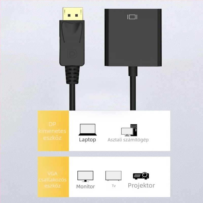 DP–VGA adapter kábel — férfi a női csatlakozóhoz, VGA interfész, nagy teljesítményű chip, 1000 Mbps, 23 cm hosszú