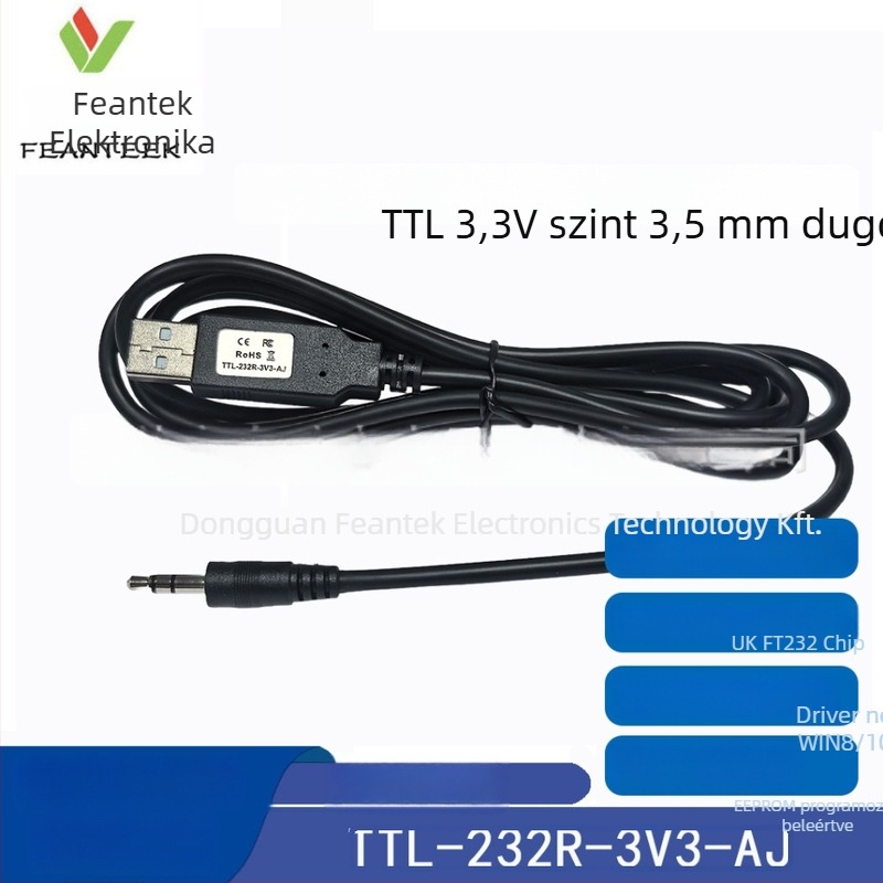 TTL-232R-3V3-AJ USB–to–UART adapter FT232RQ chippel, 3.3V TTL, USB 2.0, 3 Mbps baud, 1,8 m rézmagos kábel