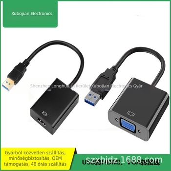 USB 3.0 HDMI/VGA videó adapter kábel, HDMI interfész, 1080p támogatás, rézmag, hossz 0.2 m