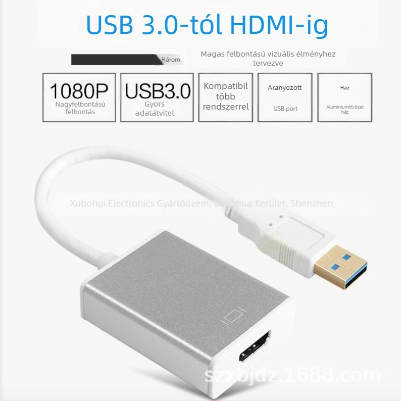 USB 3.0 HDMI/VGA videó adapter kábel, HDMI interfész, 1080p támogatás, rézmag, hossz 0.2 m