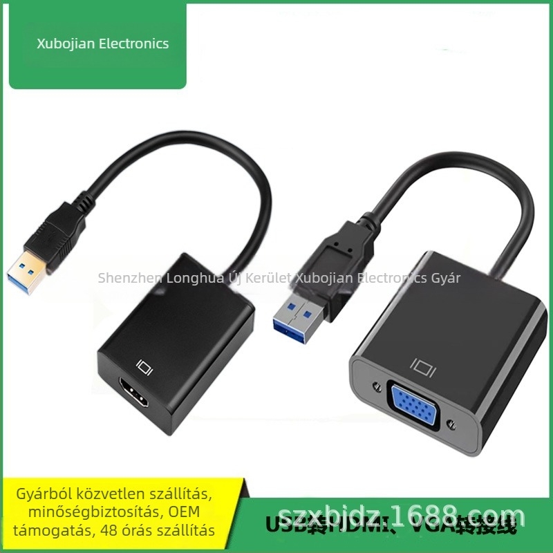 USB 3.0 HDMI/VGA videó adapter kábel, HDMI interfész, 1080p támogatás, rézmag, hossz 0.2 m