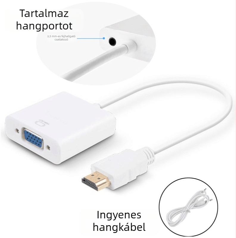 HDMI to VGA konverter hanggal, egyfejű patch kábel, HDMI bemenetből VGA kimenetbe, rézmag, hossz 0,15 m