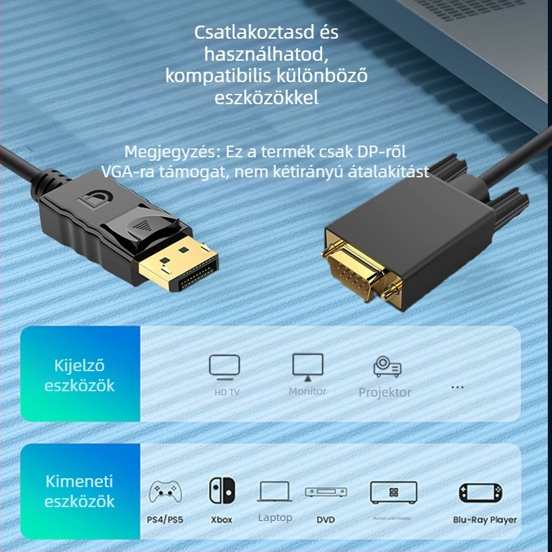 DP–to–VGA patch kábel monitortól projektorig (VGA interfész, chip: 1, stabil átviteli sebesség, rézbevonatú acélmag)