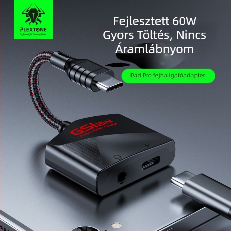 GS1 2-in-1 USB-C hangkártya headset adapter mobiltelefonokra és tabletekre, rézmagos kábel, 10 cm hosszú, gyors töltés
