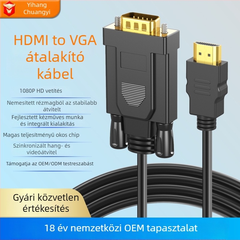 HDMI–VGA adapterkábel, egyfejű csatlakozóval, 1080P, magas teljesítményű chip, hossz 0,3-3 m