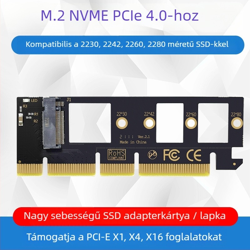 M.2 NVMe PCIe adapterkártya asztali számítógépekhez, PCIe 4.0 x4/x8/x16