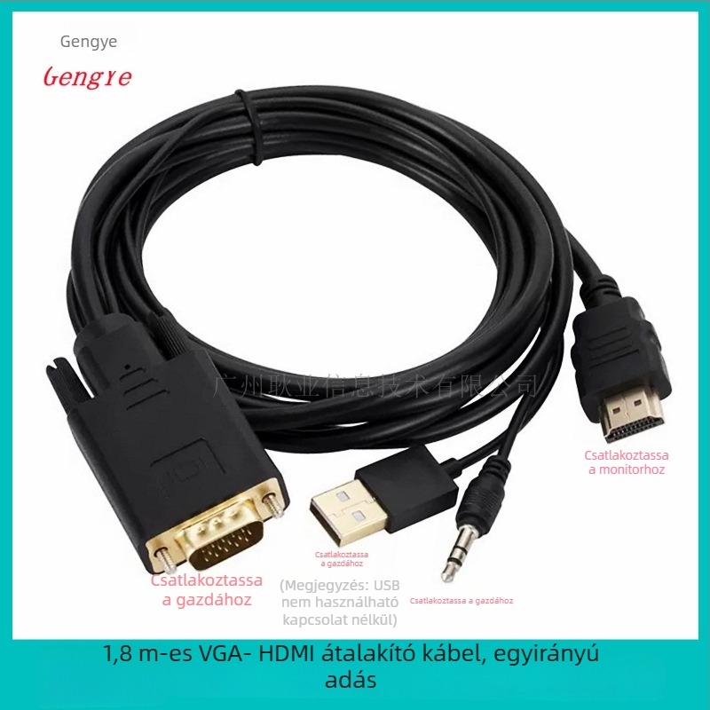 VGA–HDMI adapterkábel, 1080P hangtámogatás, 8 Gbps, Ms9288c chip, 1,8 m hosszú