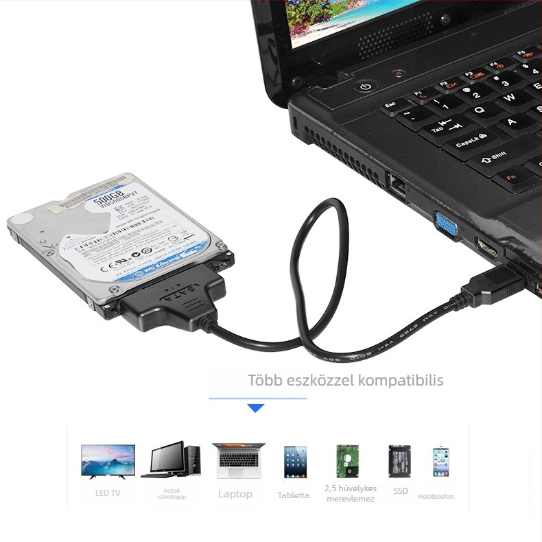 USB–SATA adapter kábel, modell 0521, USB–SATA interfész, egy adatkábel tartalmazva