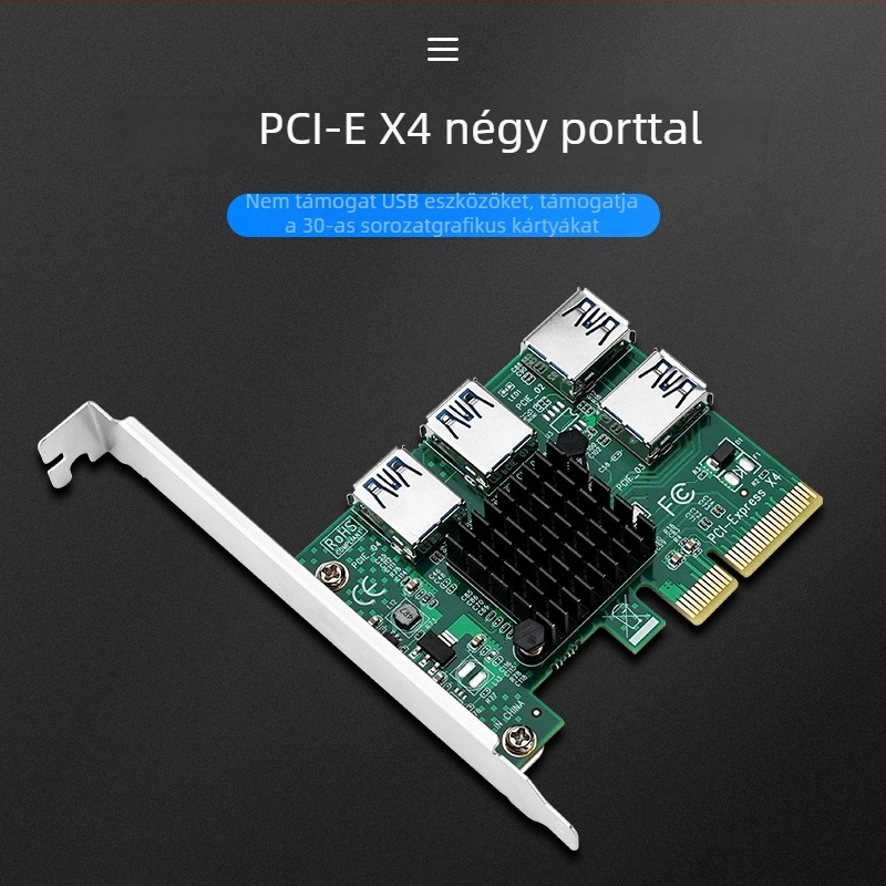 PCIe x4 adapterkártya külső GPU-hoz, 1x-től 4x-ig terjesztés, rézmagú csatlakozók