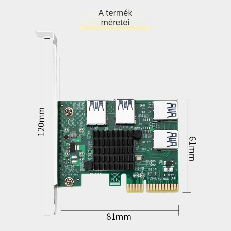 PCIe x4 adapterkártya külső GPU-hoz, 1x-től 4x-ig terjesztés, rézmagú csatlakozók