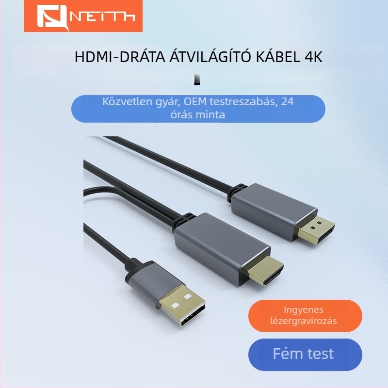 HDMI-től DP-ig kábel, 4Kx2K támogatás, réz mag, alumínium ház, 2 m hosszúságú