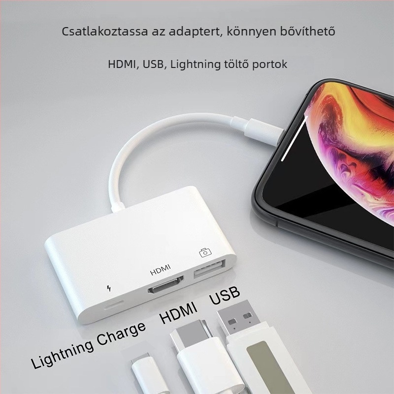 Apple készülékekhez Lightning–HDMI 3-in-1 átalakító kábel, HDMI 1080p, 20 cm hosszú kábel, 1–3 kimenet