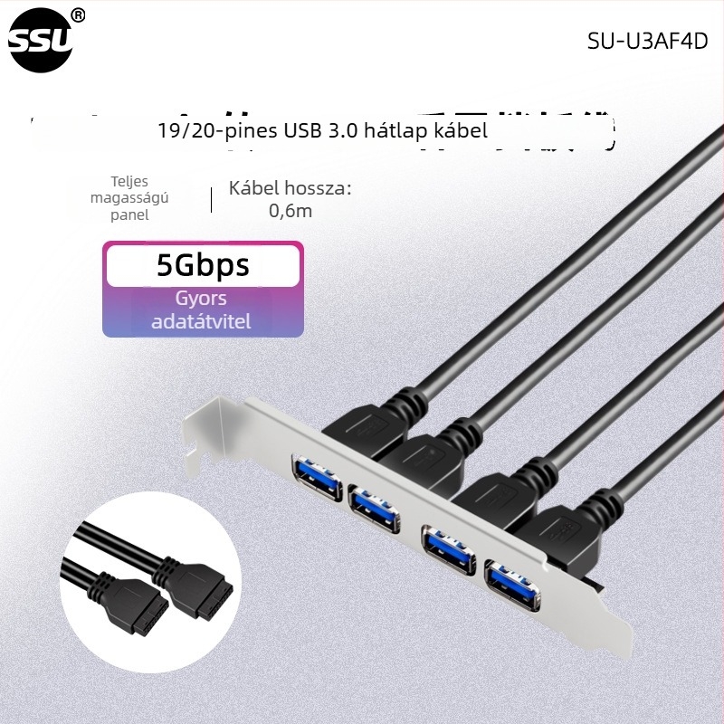 USB 3.0 adapter kábel alaplaphoz: 19/20PIN–USB3.0, négyportos bezel, modell 20P-U3AF4D-0.6MBB