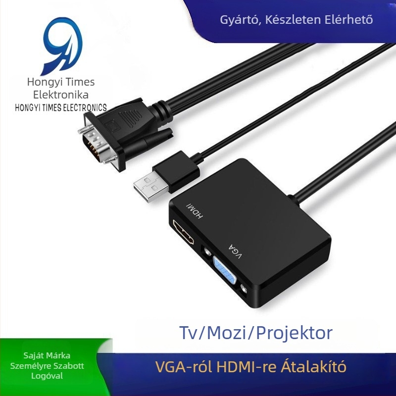 VGA–ról HDMI–re + VGA konverter hanggal, 19 cm rézmagos kábel, 1:2 osztó