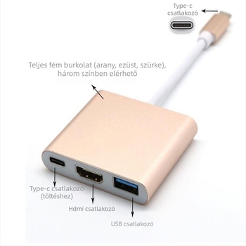 Type-C to HDMI 4K adapter kábel, 3 az 1-ben, dokkoló HDMI és USB