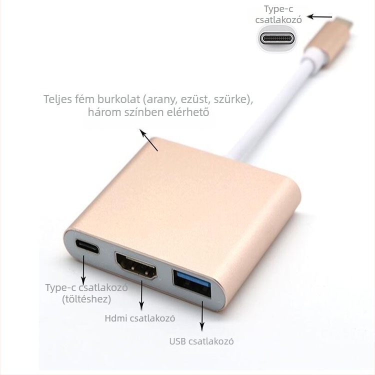 Type-C to HDMI 4K adapter kábel, 3 az 1-ben, dokkoló HDMI és USB