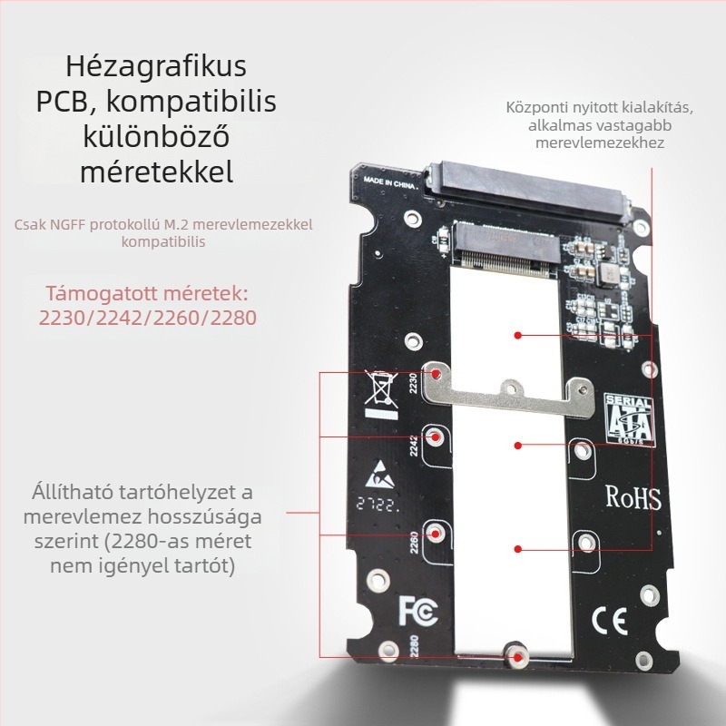 M.2 NGFF 2,5 hüvelykes SATA3 merevlemez-tok, B-Key SSD adapter, SATA III 6Gbps, modell SN7